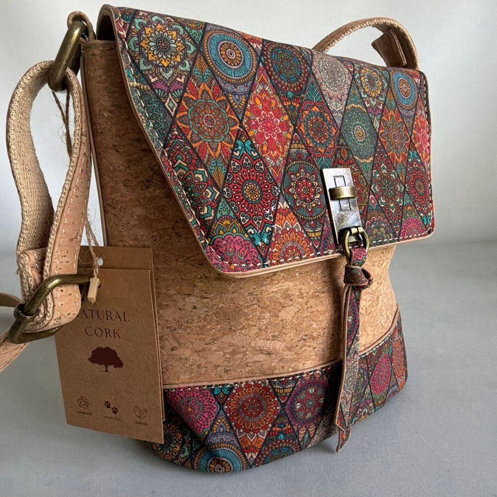 Natural Cork Crossbody Bag Portugal Boho Mandala Vegan Small Shoulder Purse New - Picture 12 of 13
